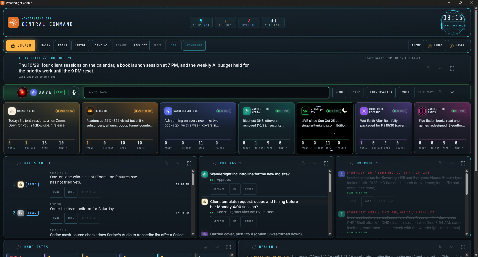 Dennis's own Command Center dashboard, with names and personal details removed