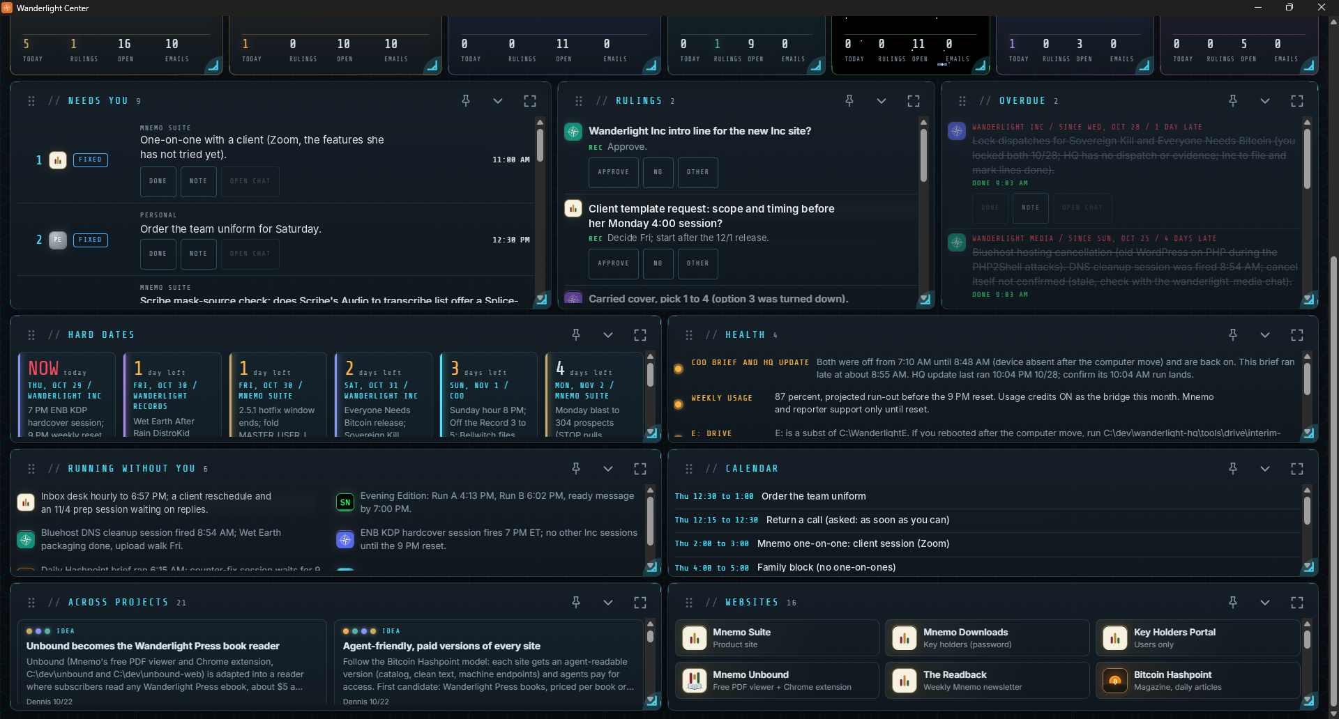 The lower half of Dennis's Command Center: needs you, rulings, hard dates, health, calendar and websites, names removed